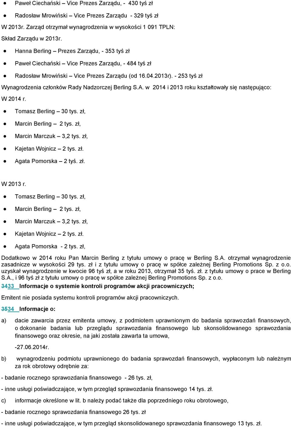 - 253 tyś zł Wynagrodzenia członków Rady Nadzorczej Berling S.A. w 2014 i 2013 roku kształtowały się następująco: W 2014 r. Tomasz Berling 30 tys. zł, Marcin Berling 2 tys. zł, Marcin Marczuk 3,2 tys.