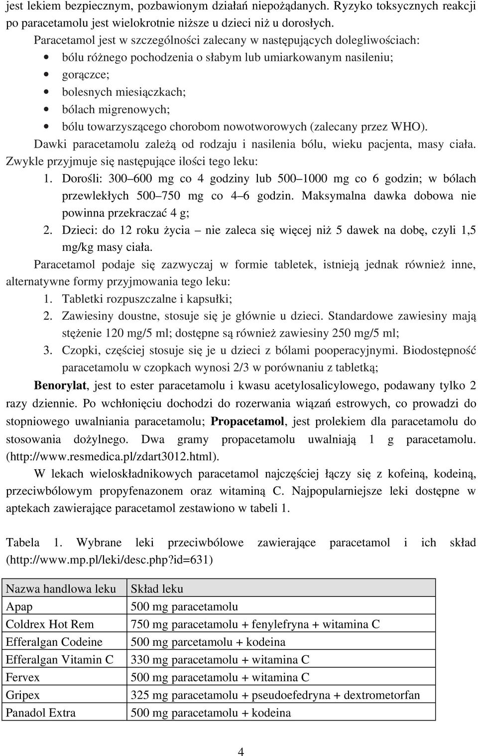 towarzyszącego chorobom nowotworowych (zalecany przez WHO). Dawki paracetamolu zależą od rodzaju i nasilenia bólu, wieku pacjenta, masy ciała. Zwykle przyjmuje się następujące ilości tego leku: 1.