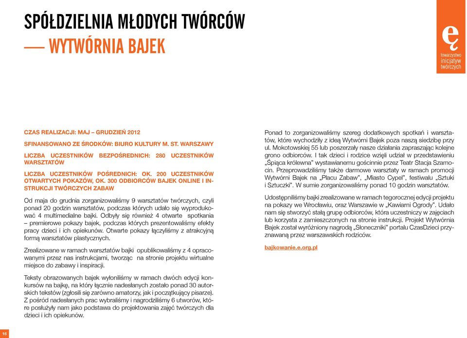 300 ODBIORCÓW BAJEK ONLINE I IN- STRUKCJI TWÓRCZYCH ZABAW Od maja do grudnia zorganizowaliśmy 9 warsztatów twórczych, czyli ponad 20 godzin warsztatów, podczas których udało się wyprodukować 4