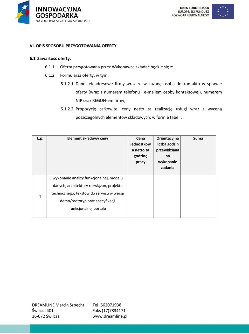 1 Dane teleadresowe firmy wraz ze wskazaną osobą do kontaktu w sprawie oferty (wraz z numerem telefonu i e-mailem osoby kontaktowej), numerem NIP oraz REGON-em firmy, 6.1.2.