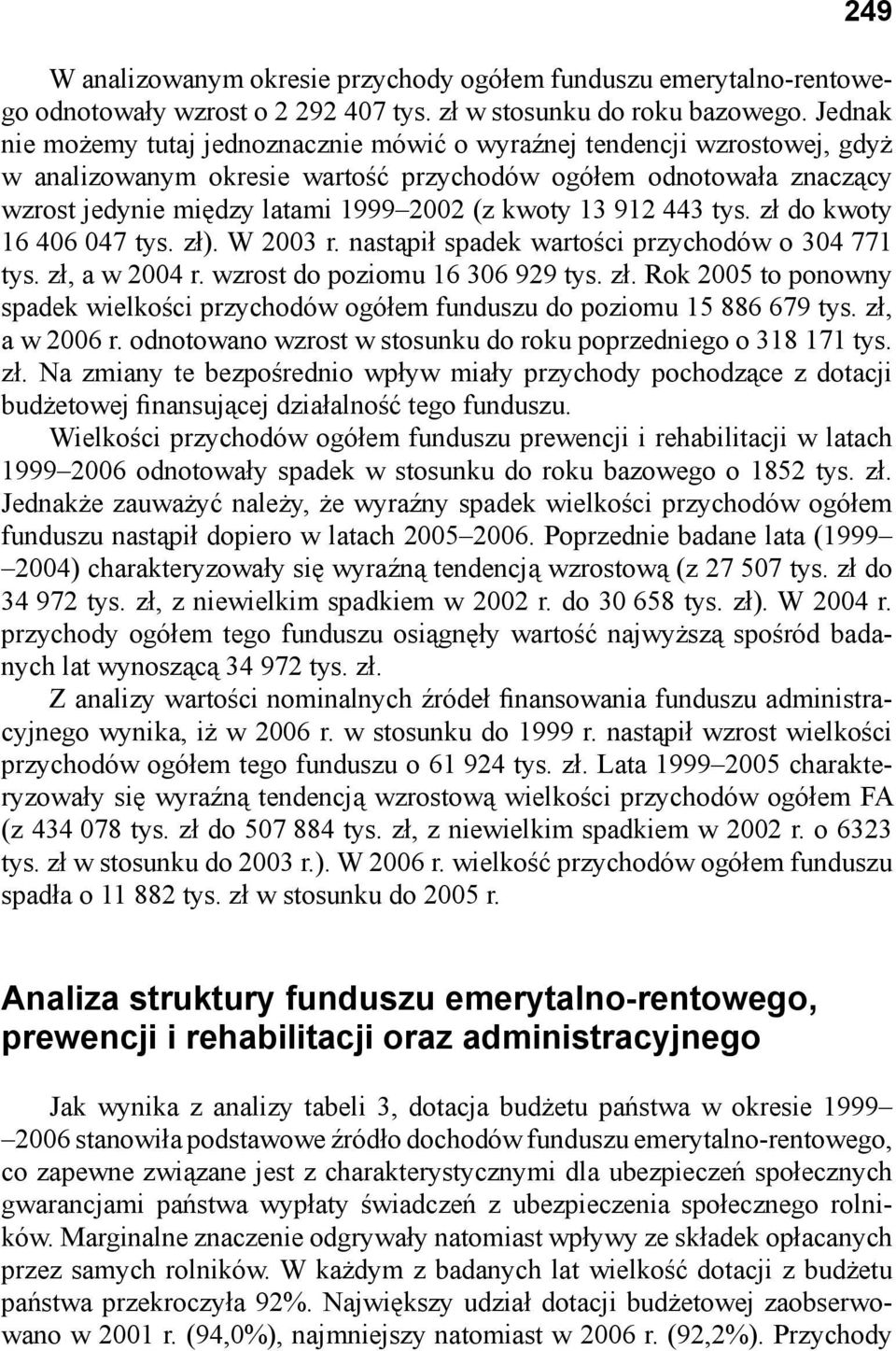 13 912 443 tys. zł do kwoty 16 406 047 tys. zł). W 2003 r. nastąpił spadek wartości przychodów o 304 771 tys. zł, a w 2004 r. wzrost do poziomu 16 306 929 tys. zł. Rok 2005 to ponowny spadek wielkości przychodów ogółem funduszu do poziomu 15 886 679 tys.