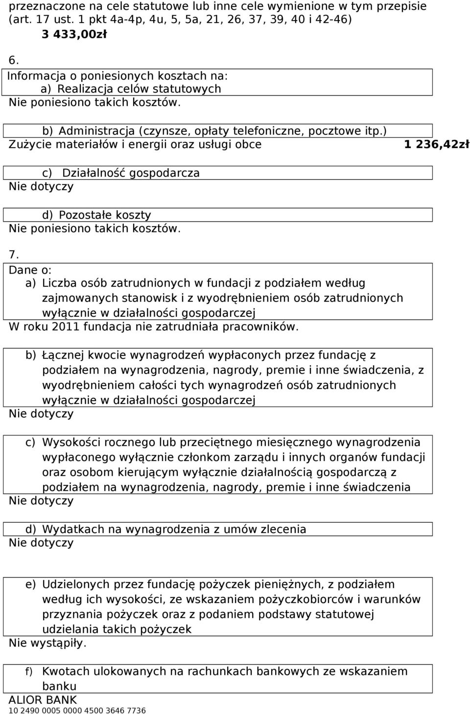 ) Zużycie materiałów i energii oraz usługi obce 1 236,42zł c) Działalność gospodarcza d) Pozostałe koszty Nie poniesiono takich kosztów. 7.