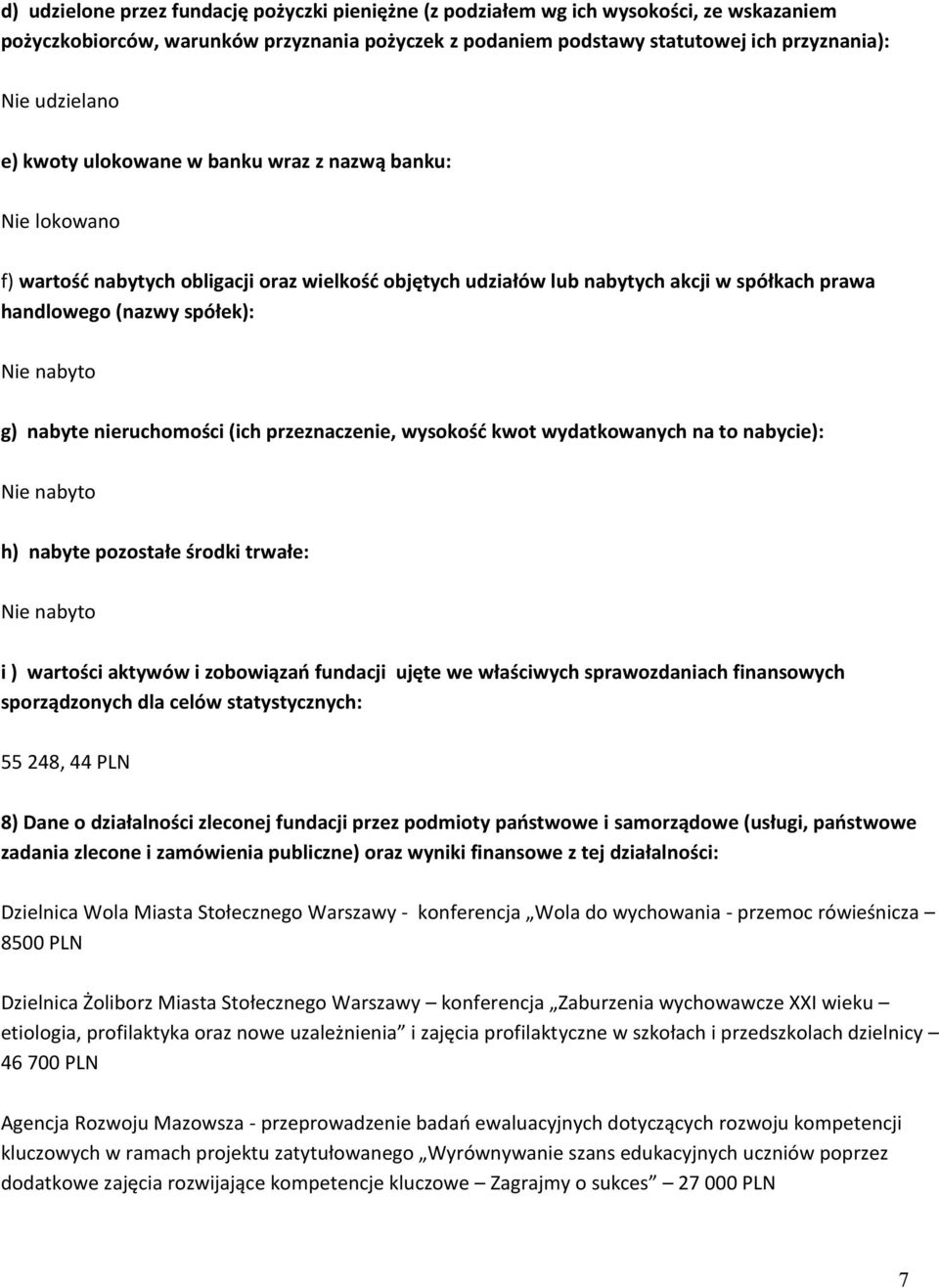 nabyte nieruchomości (ich przeznaczenie, wysokość kwot wydatkowanych na to nabycie): Nie nabyto h) nabyte pozostałe środki trwałe: Nie nabyto i ) wartości aktywów i zobowiązań fundacji ujęte we