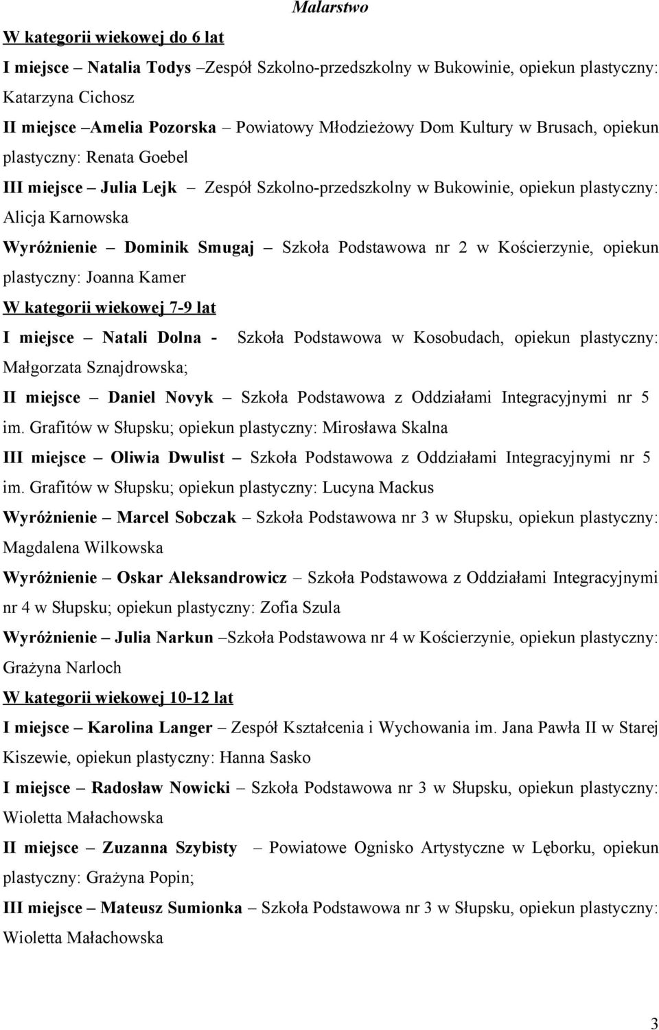 nr 2 w Kościerzynie, opiekun plastyczny: Joanna Kamer W kategorii wiekowej 7-9 lat I miejsce Natali Dolna - Szkoła Podstawowa w Kosobudach, opiekun plastyczny: Małgorzata Sznajdrowska; II miejsce