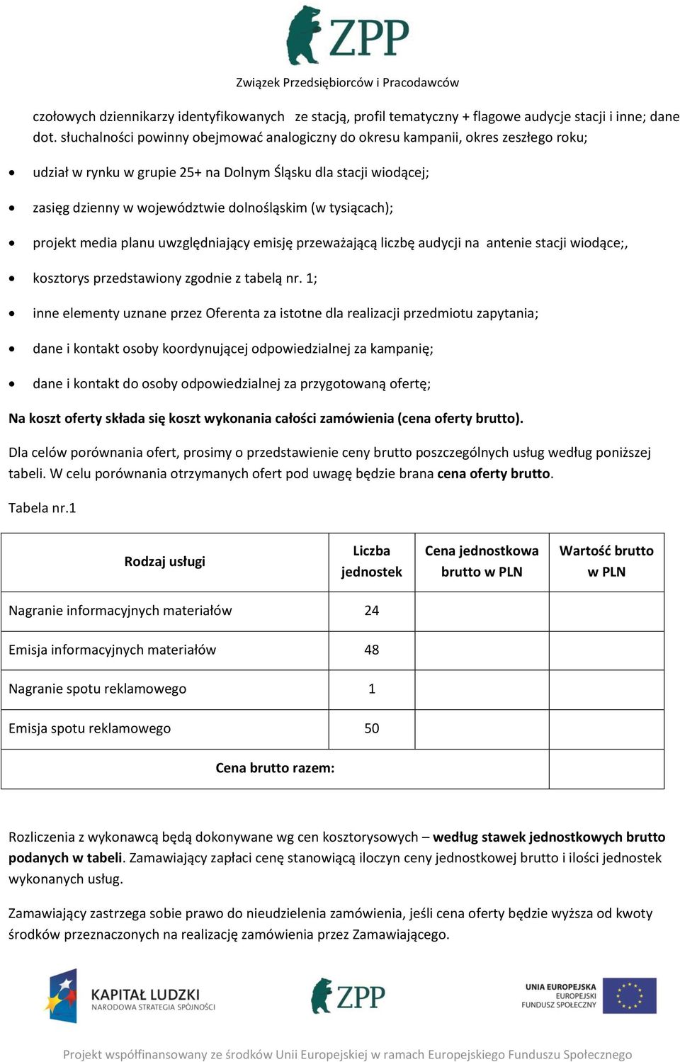 tysiącach); projekt media planu uwzględniający emisję przeważającą liczbę audycji na antenie stacji wiodące;, kosztorys przedstawiony zgodnie z tabelą nr.