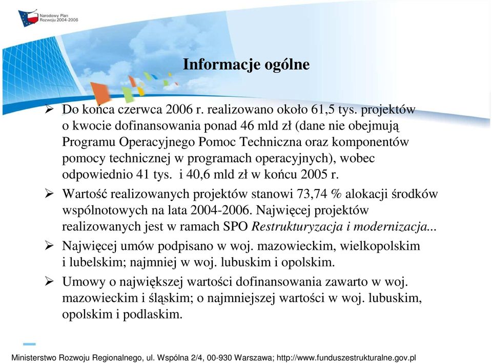 odpowiednio 41 tys. i 40,6 mld zł w końcu 2005 r. Wartość realizowanych projektów stanowi 73,74 % alokacji środków wspólnotowych na lata 2004-2006.