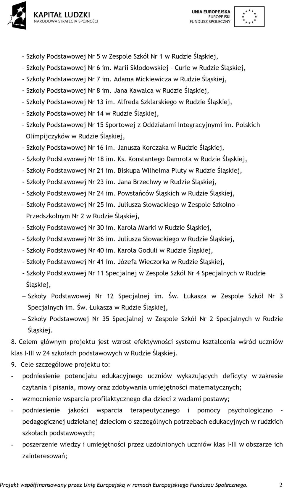 Alfreda Szklarskiego w Rudzie Śląskiej, Szkoły Podstawowej Nr 14 w Rudzie Śląskiej, Szkoły Podstawowej Nr 15 Sportowej z Oddziałami Integracyjnymi im.