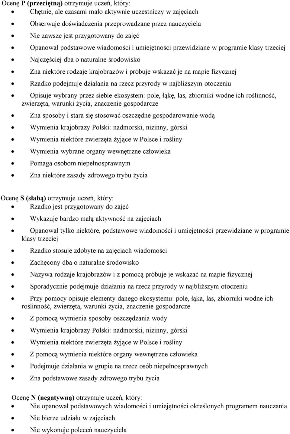 Rzadko podejmuje działania na rzecz przyrody w najbliższym otoczeniu Opisuje wybrany przez siebie ekosystem: pole, łąkę, las, zbiorniki wodne ich roślinność, zwierzęta, warunki życia, znaczenie