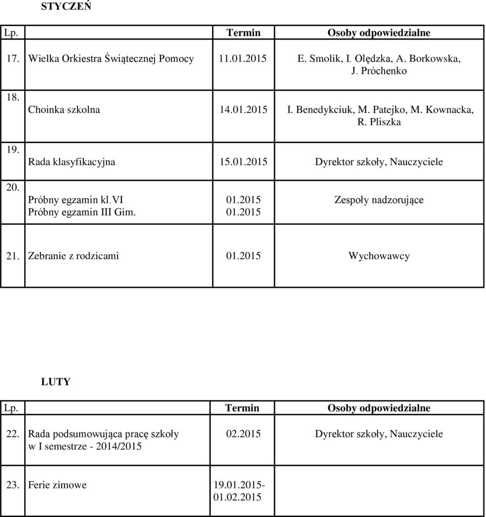 Próbny egzamin kl.vi Próbny egzamin III Gim. 01.2015 01.2015 Zespoły nadzorujące 21. Zebranie z rodzicami 01.