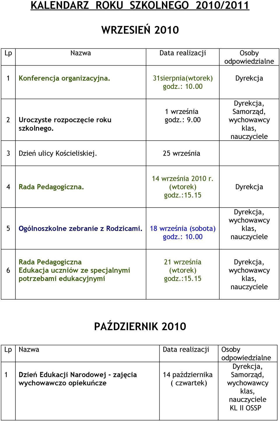 25 września 4 Rada Pedagogiczna. 14 września 2010 r. Dyrekcja 5 Ogólnoszkolne zebranie z Rodzicami.