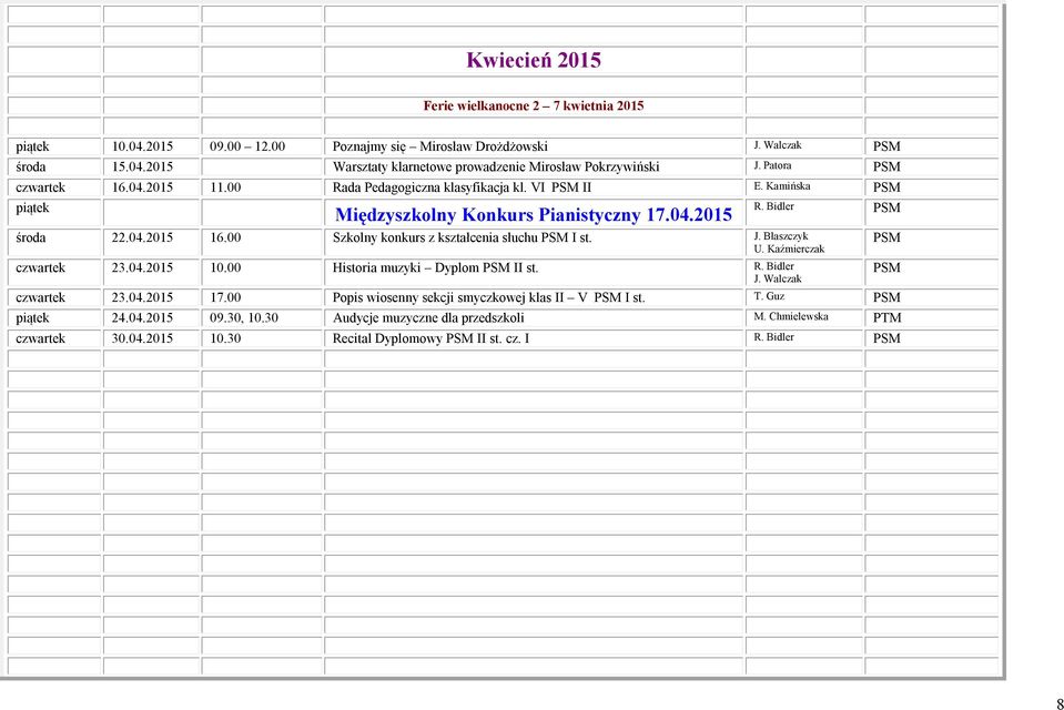 00 Szkolny konkurs z kształcenia słuchu I st. J. Błaszczyk U. Kaźmierczak czwartek 23.04.2015 10.00 Historia muzyki Dyplom II st. R. Bidler J. Walczak czwartek 23.04.2015 17.