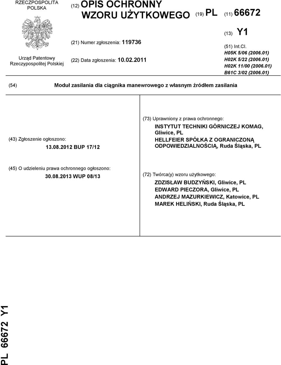 01) (54) Moduł zasilania dla ciągnika manewrowego z własnym źródłem zasilania (43) Zgłoszenie ogłoszono: 13.08.