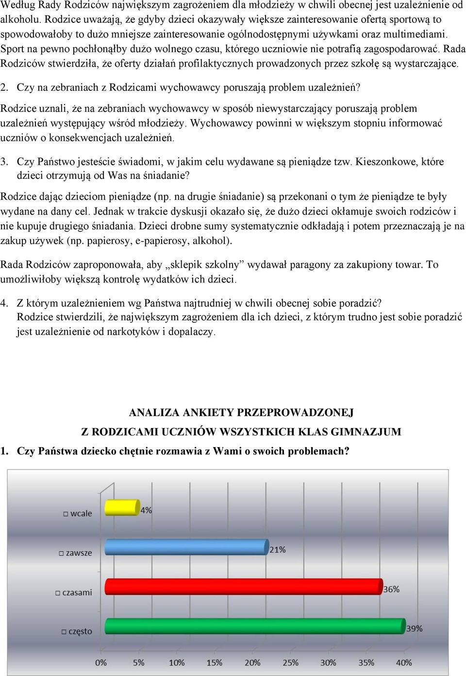 Sport na pewno pochłonąłby dużo wolnego czasu, którego uczniowie nie potrafią zagospodarować. Rada Rodziców stwierdziła, że oferty działań profilaktycznych prowadzonych przez szkołę są wystarczające.
