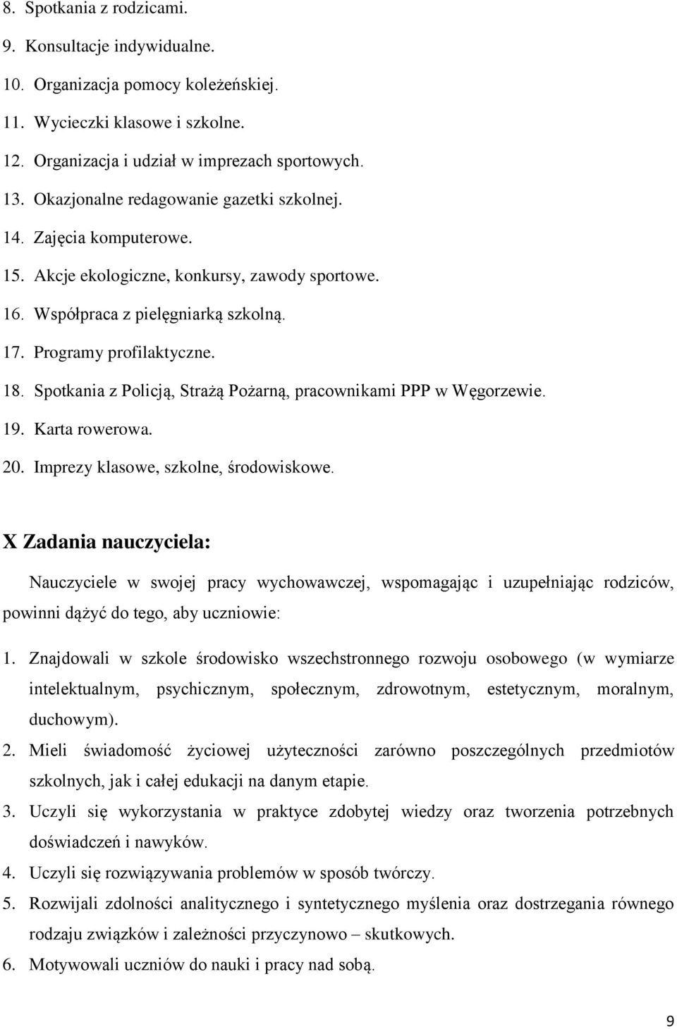 Spotkania z Policją, Strażą Pożarną, pracownikami PPP w Węgorzewie. 19. Karta rowerowa. 20. Imprezy klasowe, szkolne, środowiskowe.
