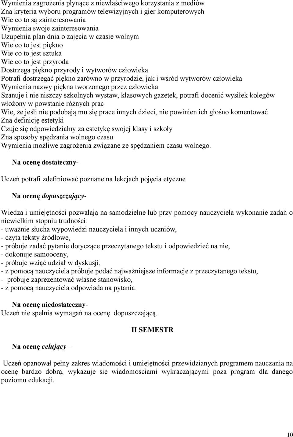 jak i wśród wytworów człowieka Wymienia nazwy piękna tworzonego przez człowieka Szanuje i nie niszczy szkolnych wystaw, klasowych gazetek, potrafi docenić wysiłek kolegów włożony w powstanie różnych