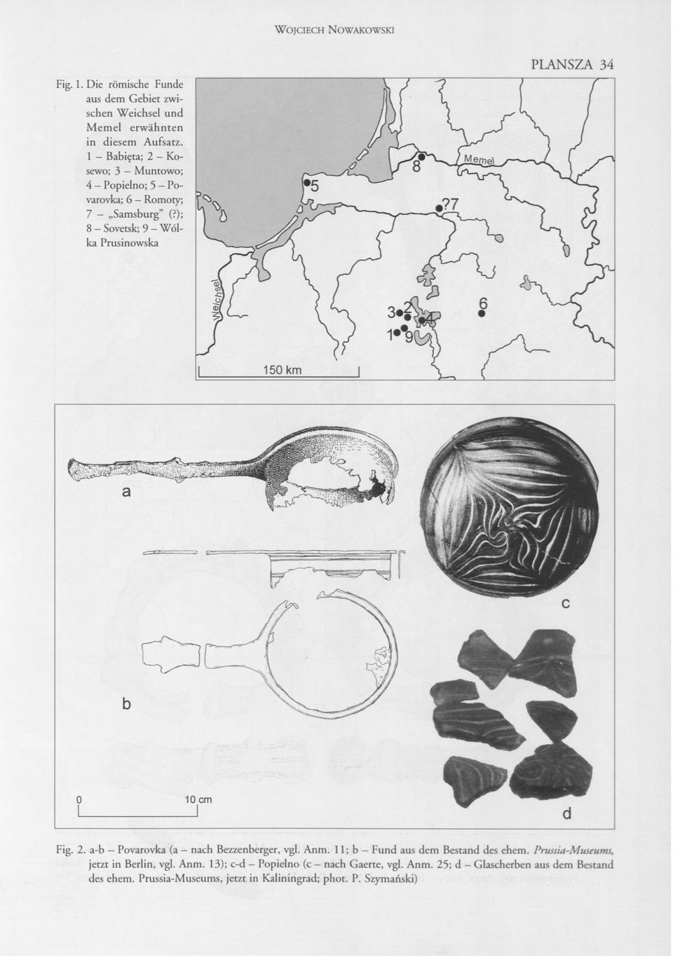 1 Babię ta; 2 Kosewo; 3 Muntowo; 4 Popielno; 5 Povarovka; 6 Romoty; 7 Samsburg" (?); 8 Sovetsk; 9 Wólka Prusinowska 10 cm Fig. 2. a b Povarovka (a nach Bezzenberger, vgl.
