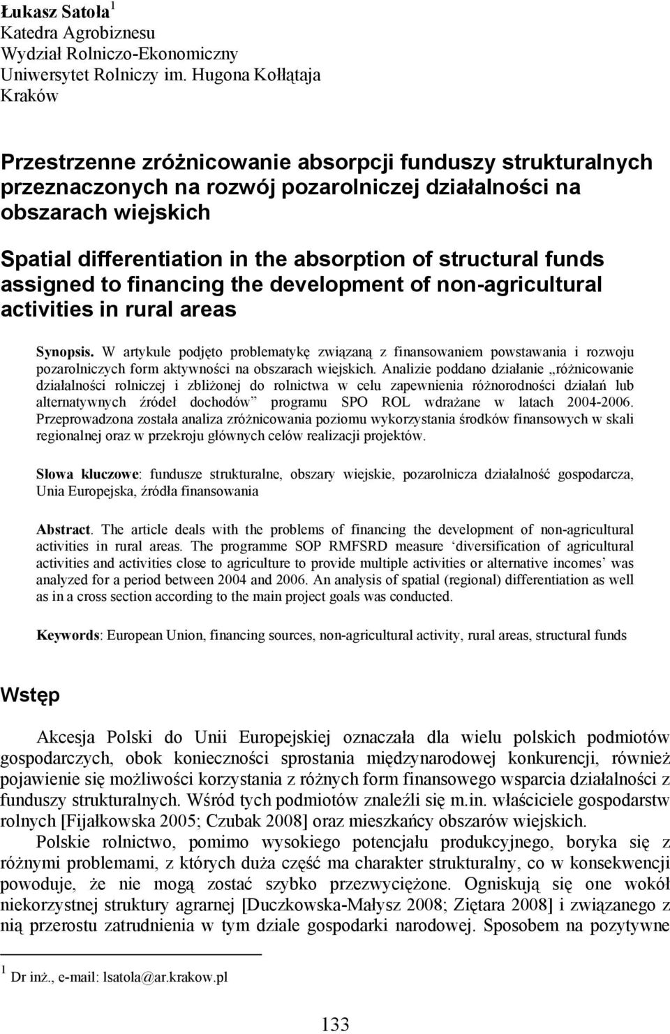 absorption of structural funds assigned to financing the development of non-agricultural activities in rural areas Synopsis.
