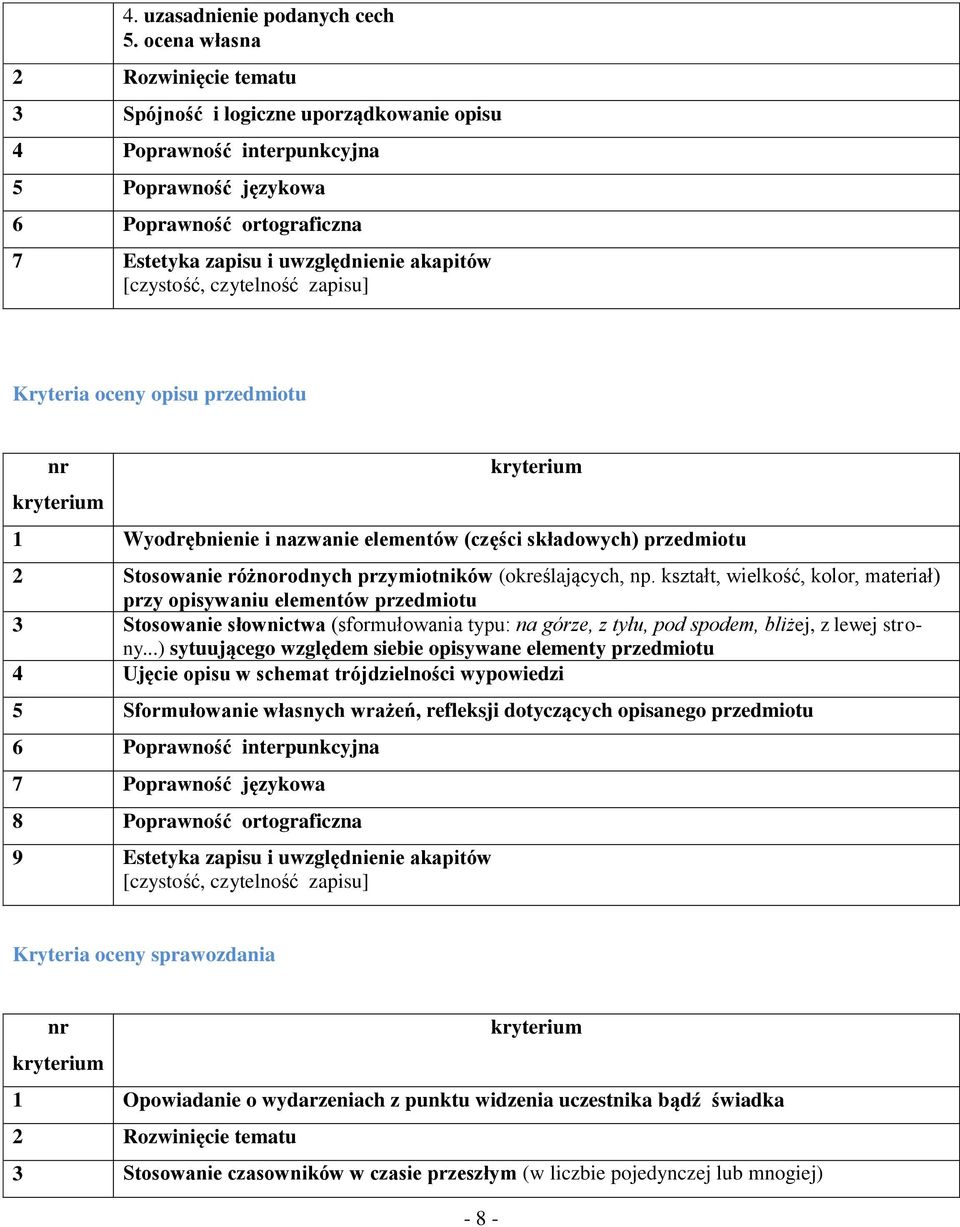 Kryteria oceny opisu przedmiotu 1 Wyodrębnienie i nazwanie elementów (części składowych) przedmiotu 2 Stosowanie różnorodnych przymiotników (określających, np.