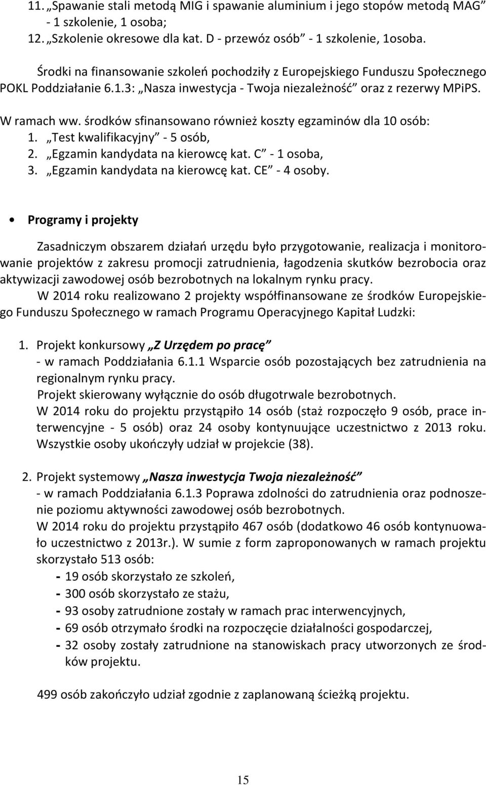 środków sfinansowano również koszty egzaminów dla 10 osób: 1. Test kwalifikacyjny - 5 osób, 2. Egzamin kandydata na kierowcę kat. C - 1 osoba, 3. Egzamin kandydata na kierowcę kat. CE - 4 osoby.
