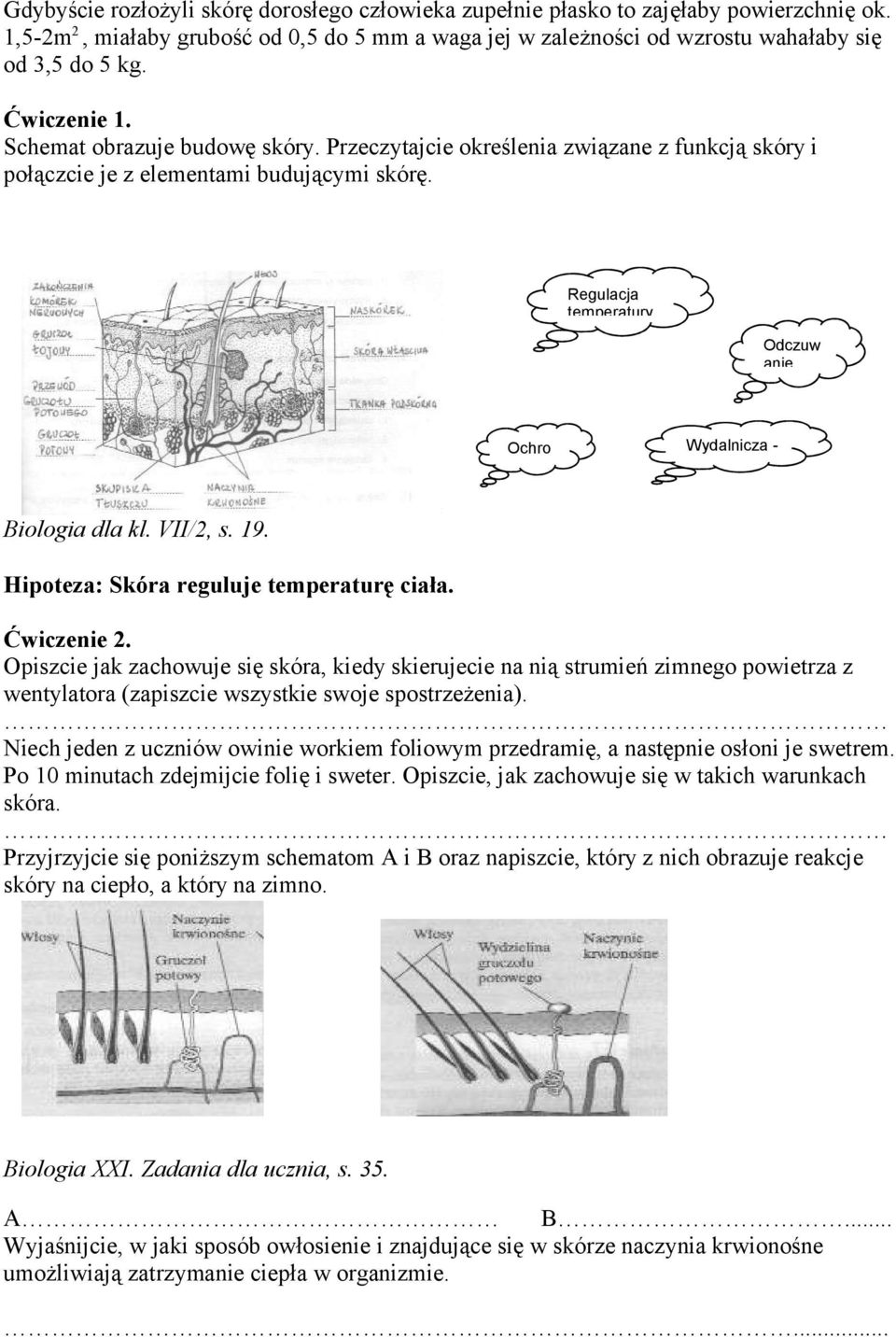 Regulacja temperatury Odczuw anie Ochro nna Wydalnicza - pot Biologia dla kl. VII/2, s. 19. Hipoteza: Skóra reguluje temperaturę ciała. Ćwiczenie 2.