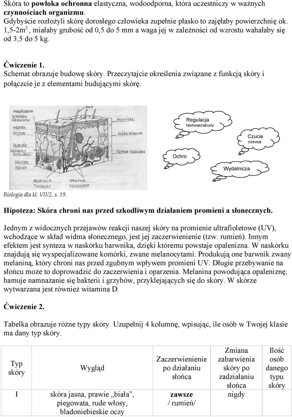 Przeczytajcie określenia związane z funkcją skóry i połączcie je z elementami budującymi skórę. Regulacja temperatury Czucie zimna, Ochro nna Wydalnicza - pot Biologia dla kl. VII/2, s. 19.