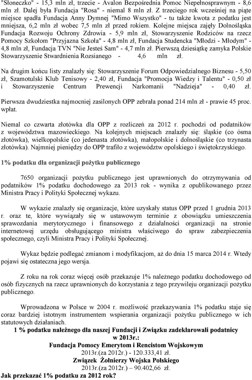 Kolejne miejsca zajęły Dolnośląska Fundacja Rozwoju Ochrony Zdrowia - 5,9 mln zł, Stowarzyszenie Rodziców na rzecz Pomocy Szkołom "Przyjazna Szkoła" - 4,8 mln zł, Fundacja Studencka "Młodzi - Młodym"