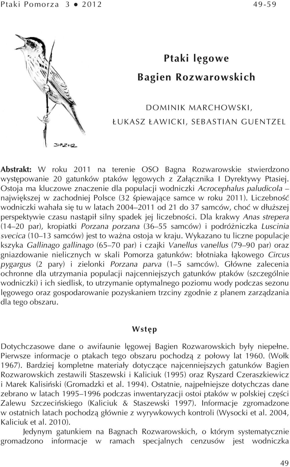 Ostoja ma kluczowe znaczenie dla populacji wodniczki Acrocephalus paludicola największej w zachodniej Polsce (32 śpiewające samce w roku 2011).