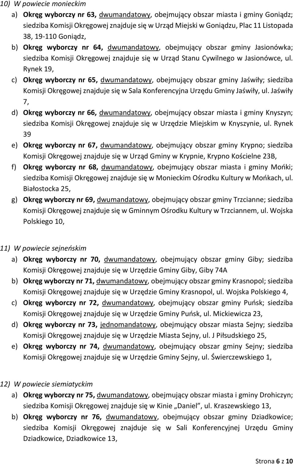 Rynek 19, c) Okręg wyborczy nr 65, dwumandatowy, obejmujący obszar gminy Jaświły; siedziba Komisji Okręgowej znajduje się w Sala Konferencyjna Urzędu Gminy Jaświły, ul.