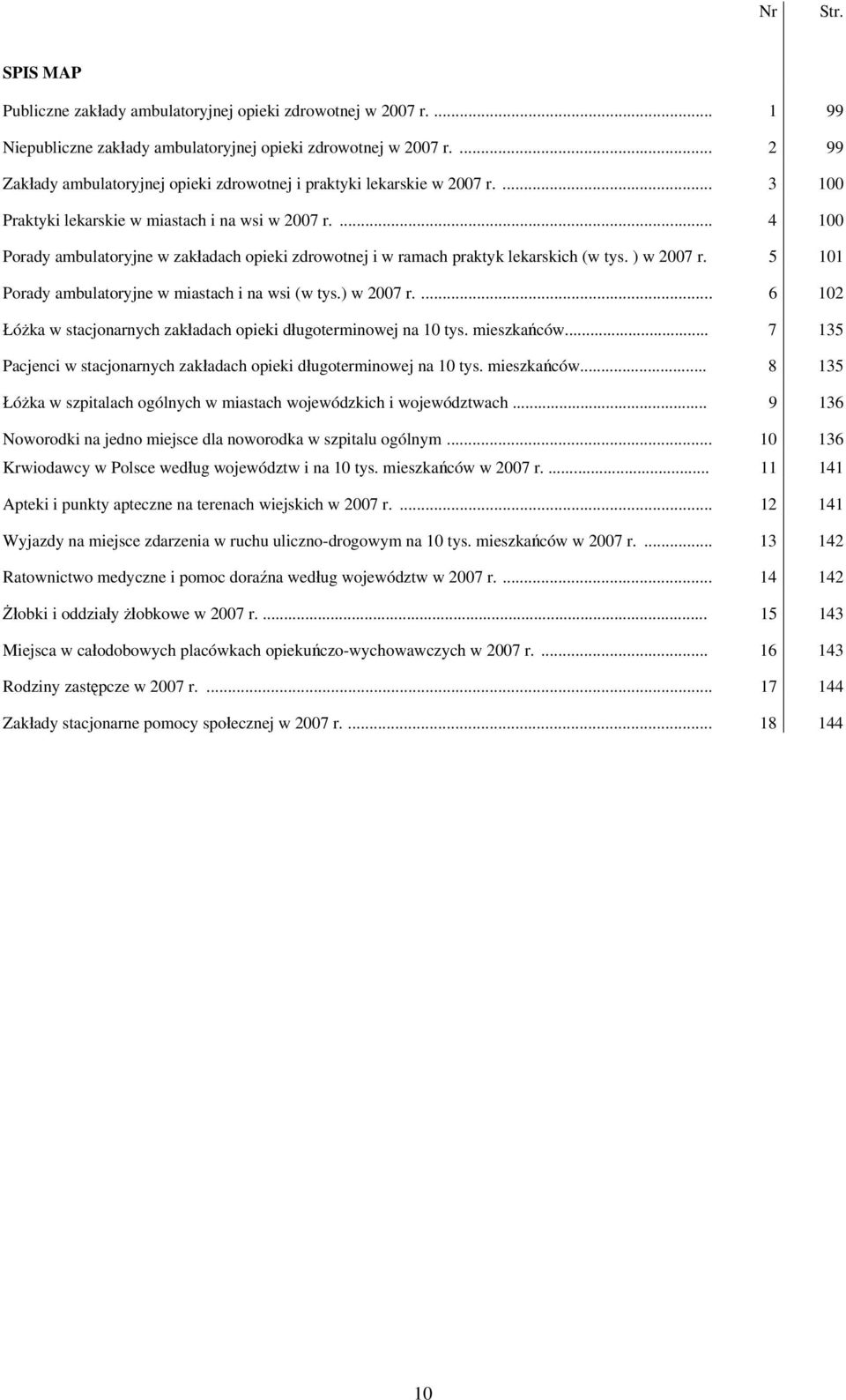 ... 4 100 Porady ambulatoryjne w zakładach opieki zdrowotnej i w ramach praktyk lekarskich (w tys. ) w 2007 r. 5 101 Porady ambulatoryjne w miastach i na wsi (w tys.) w 2007 r.... 6 102 Łóżka w stacjonarnych zakładach opieki długoterminowej na 10 tys.