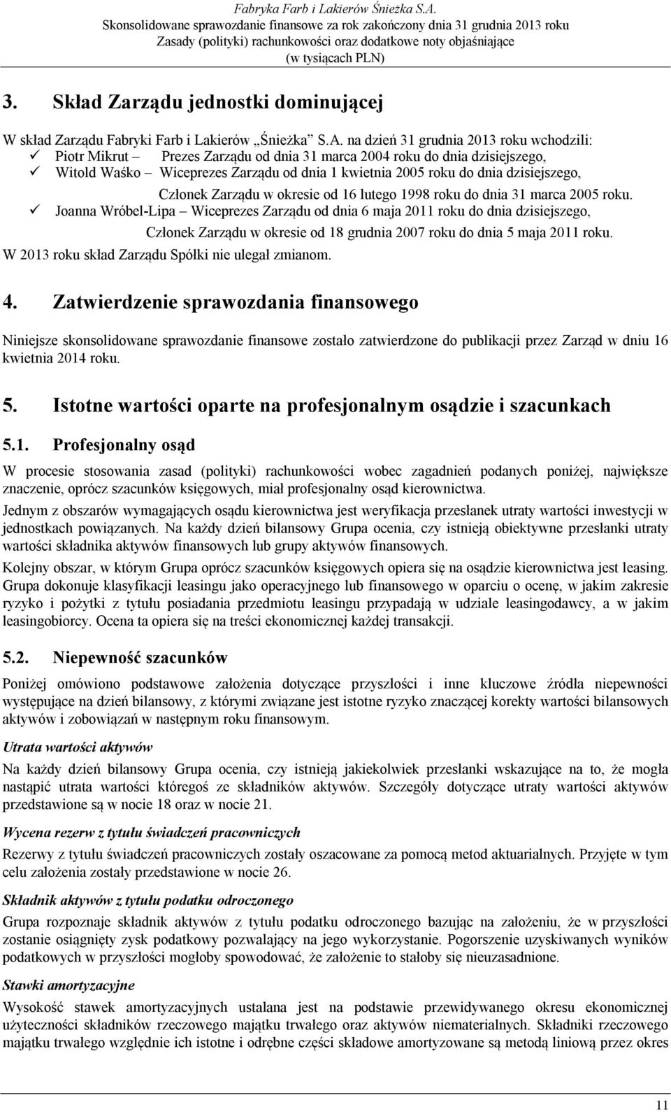 dzisiejszego, Członek Zarządu w okresie od 16 lutego 1998 roku do dnia 31 marca 2005 roku.
