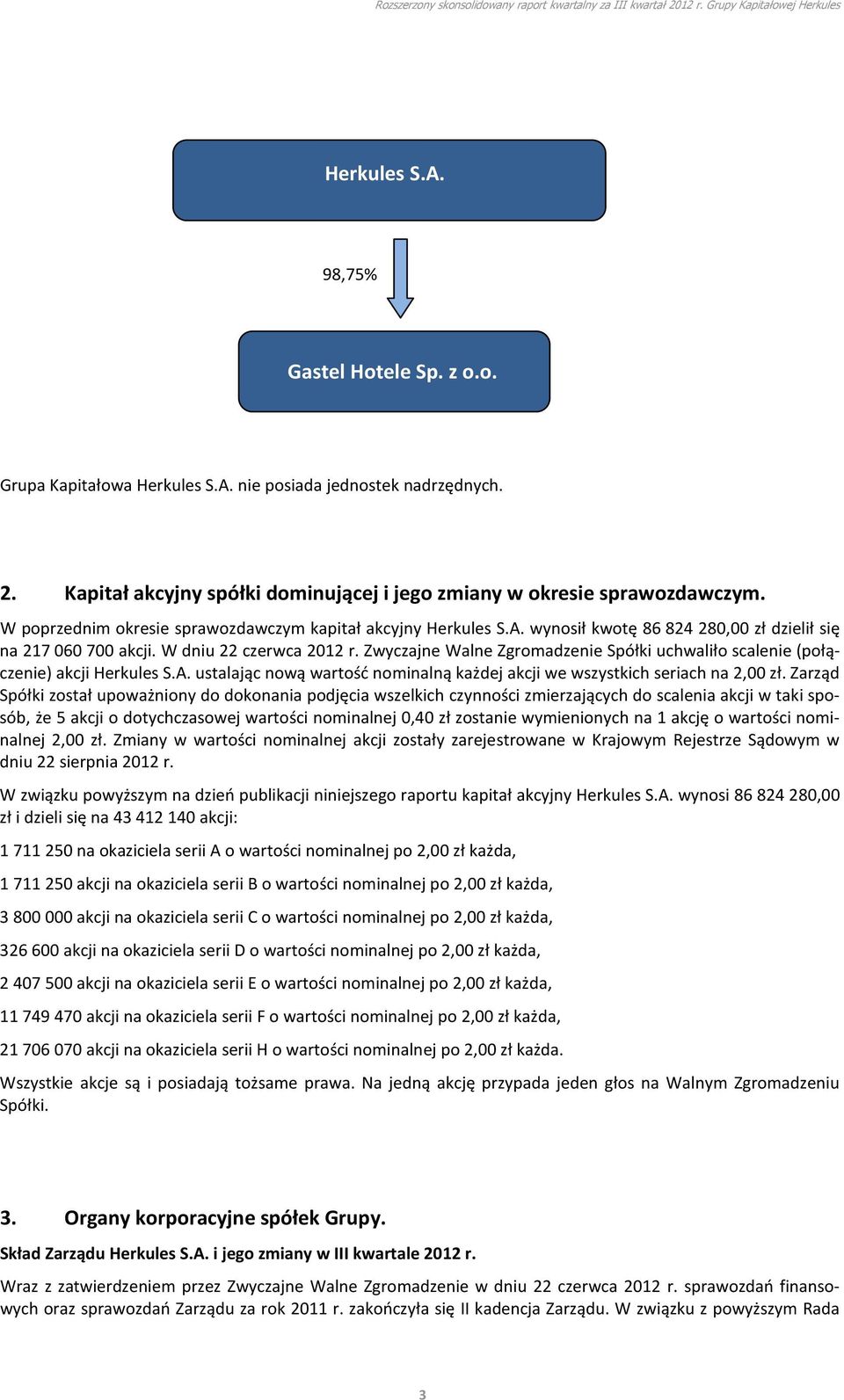 Zwyczajne Walne Zgromadzenie Spółki uchwaliło scalenie (połączenie) akcji Herkules S.A. ustalając nową wartość nominalną każdej akcji we wszystkich seriach na 2,00 zł.