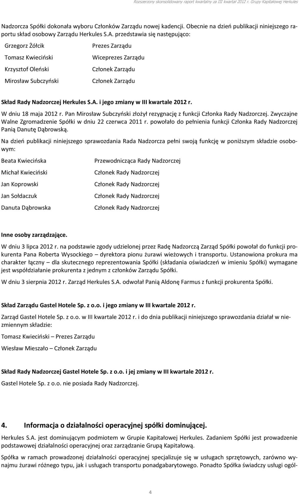 A. i jego zmiany w III kwartale 2012 r. W dniu 18 maja 2012 r. Pan Mirosław Subczyński złożył rezygnację z funkcji Członka Rady Nadzorczej.