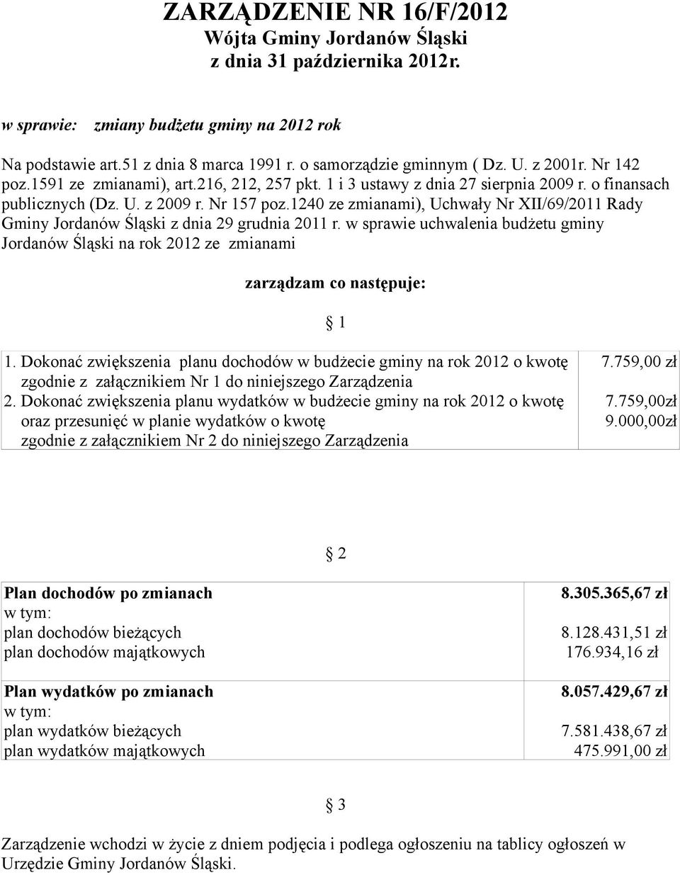 1240 ze zmianami), Uchwały Nr XII/69/2011 Rady Gminy Jordanów Śląski z dnia 29 grudnia 2011 r. w sprawie uchwalenia budżetu gminy Jordanów Śląski na rok 2012 ze zmianami zarządzam co następuje: 1 1.