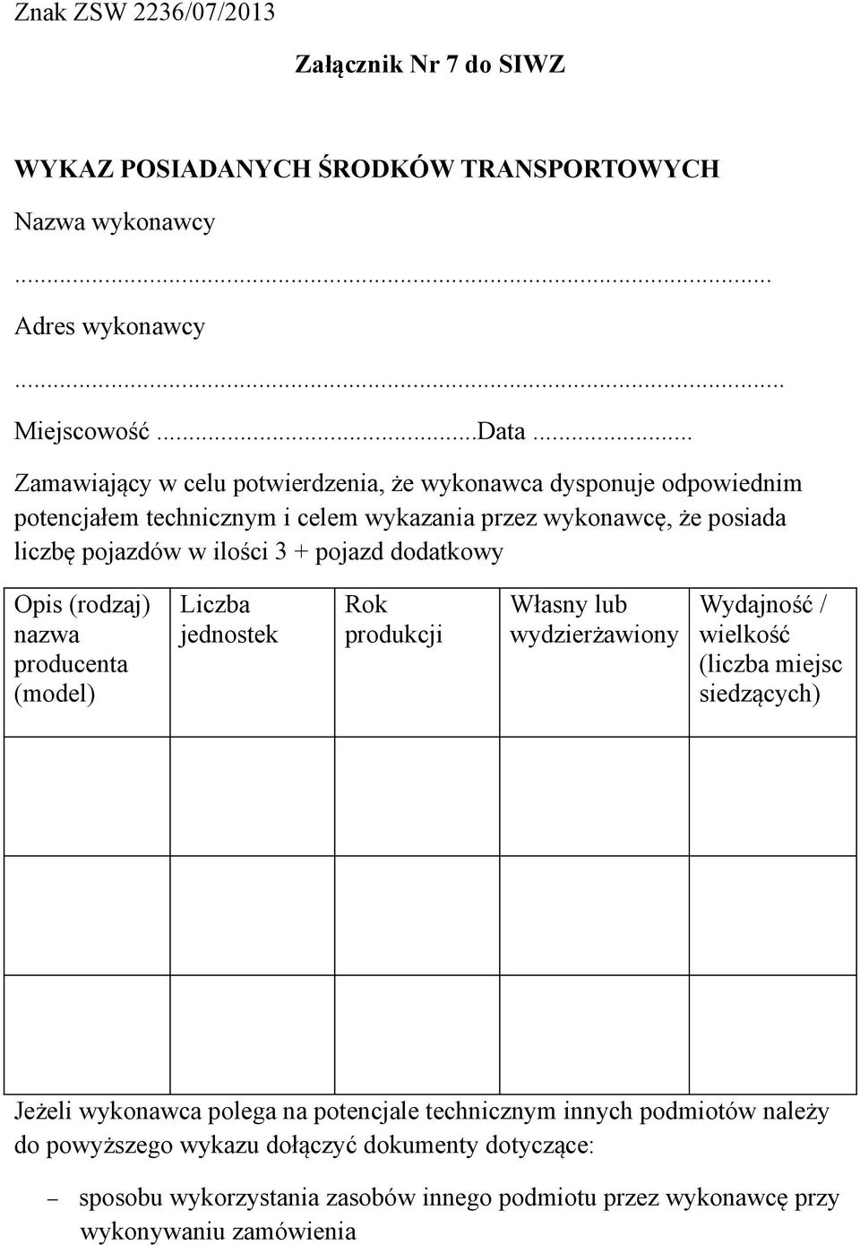 3 + pojazd dodatkowy Opis (rodzaj) nazwa producenta (model) Liczba jednostek Rok produkcji Własny lub wydzierżawiony Wydajność / wielkość (liczba miejsc siedzących)