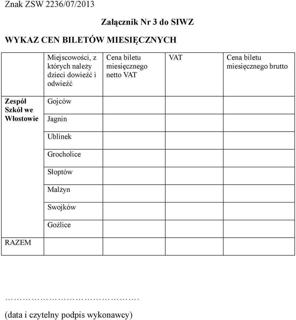 biletu miesięcznego brutto Zespół Szkół we Włostowie Gojców Jagnin Ublinek