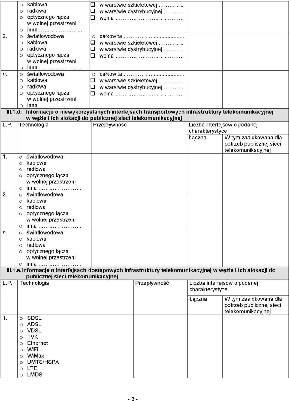 Technologia Przepływność Liczba interfejsów o podanej charakterystyce W tym zaalokowana dla potrzeb publicznej 1. o światłowodowa 2. o światłowodowa n. o światłowodowa III.1.e. Informacje o interfejsach dostępowych infrastruktury w węźle i ich alokacji do publicznej L.