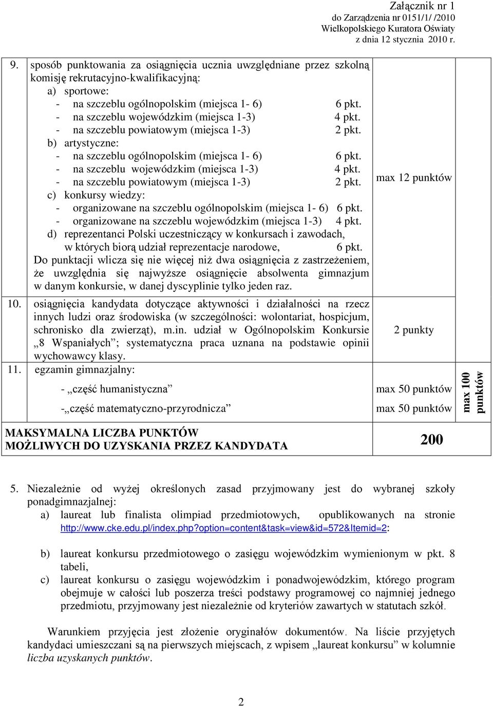 - na szczeblu wojewódzkim (miejsca 1-3) 4 pkt. - na szczeblu powiatowym (miejsca 1-3) 2 pkt. b) artystyczne: - na szczeblu ogólnopolskim (miejsca 1-6) 6 pkt.