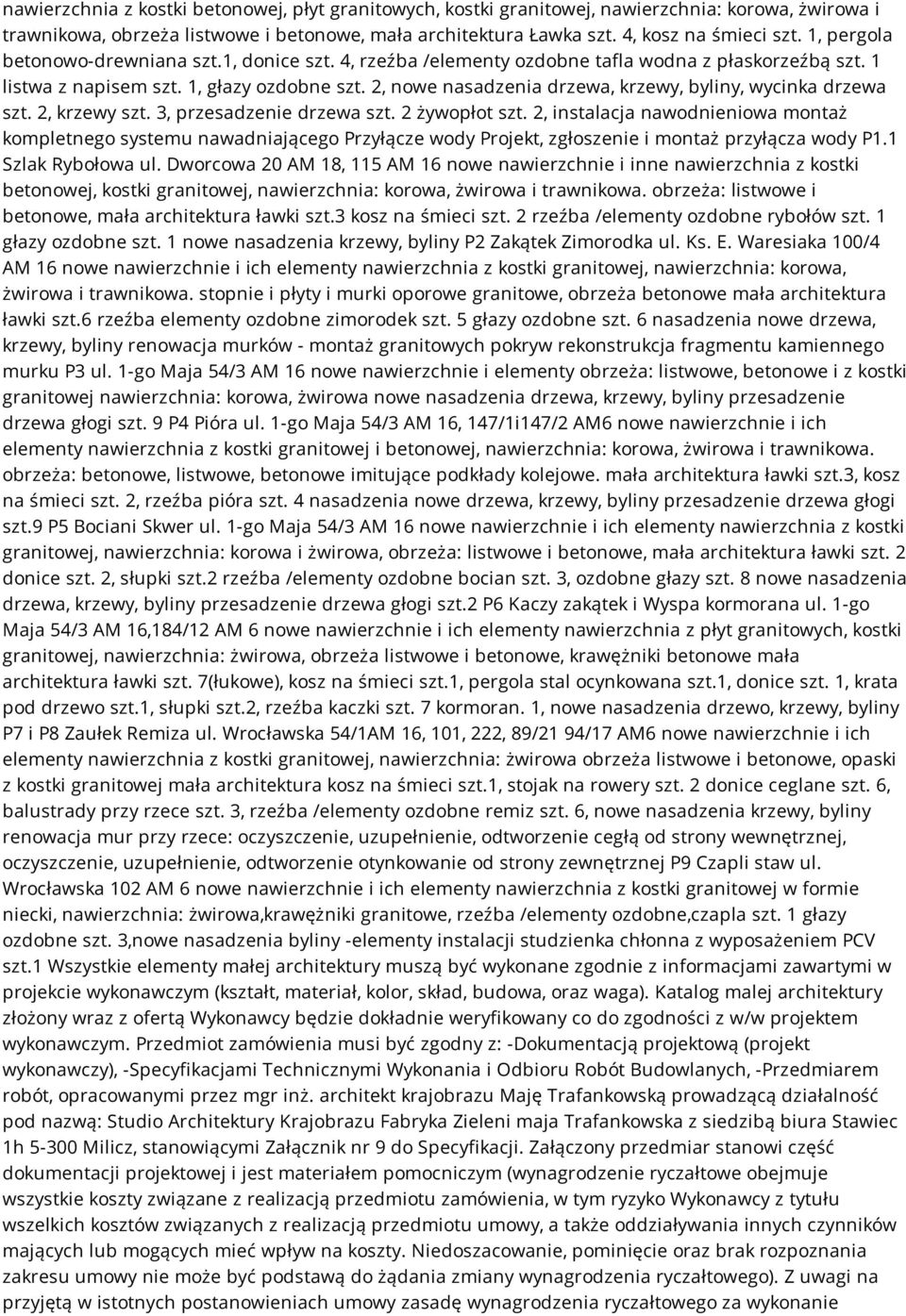 2, nowe nasadzenia drzewa, krzewy, byliny, wycinka drzewa szt. 2, krzewy szt. 3, przesadzenie drzewa szt. 2 żywopłot szt.