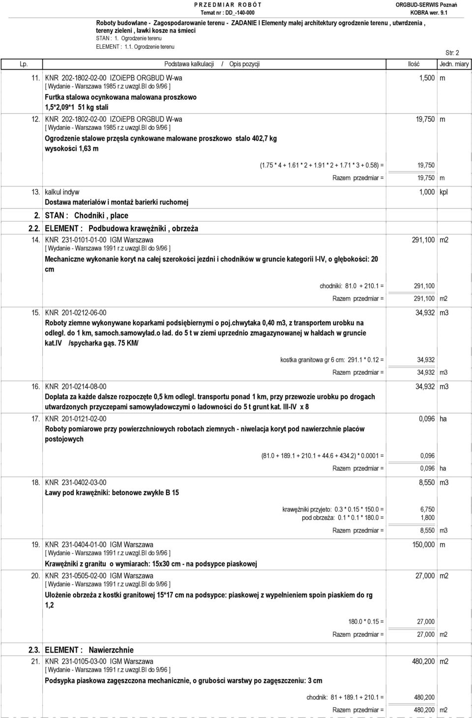 58) = 19,750 Razem przedmiar = 19,750 m 13. kalkul indyw 1,000 kpl Dostawa materiałów i montaŝ barierki ruchomej 2. STAN : Chodniki, place 2.2. ELEMENT : Podbudowa krawęŝniki, obrzeŝa 14.