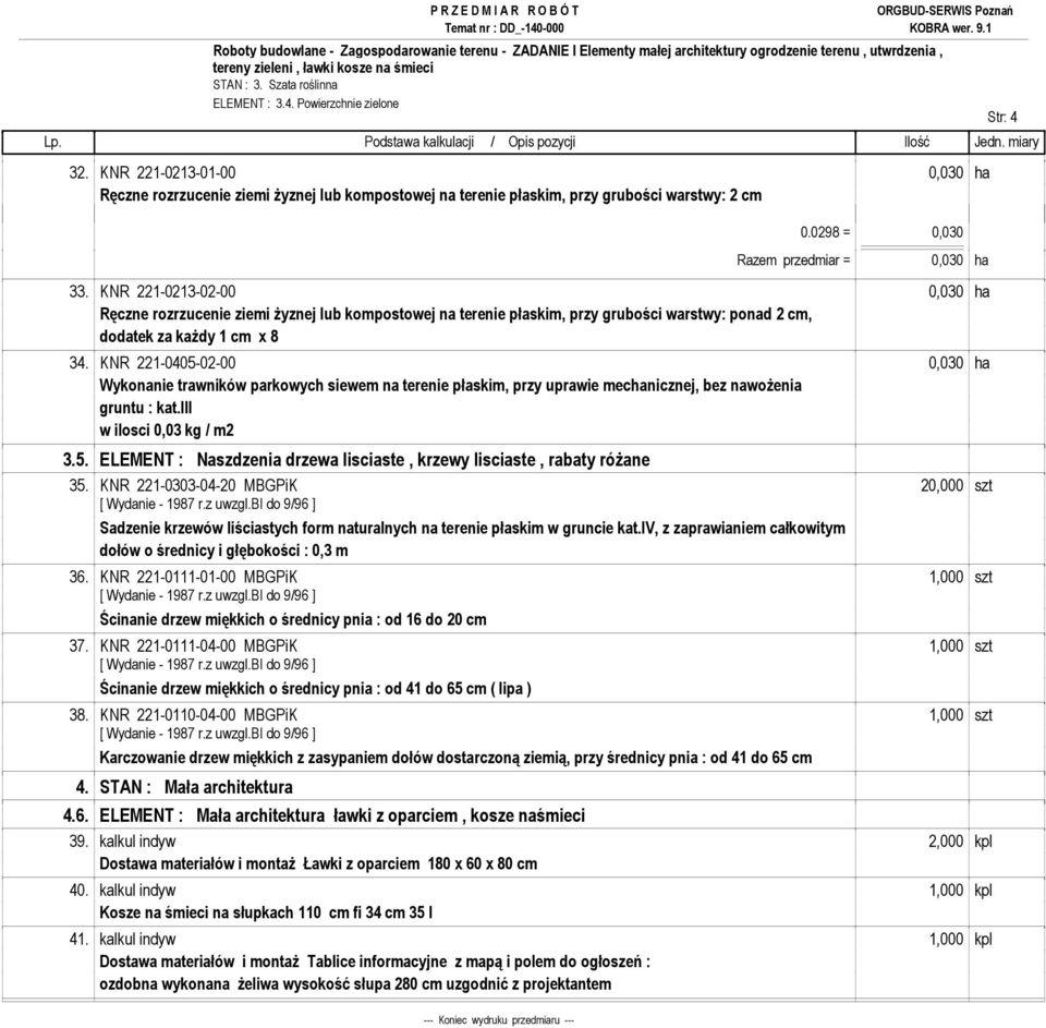 KNR 221-0213-02-00 0,030 ha Ręczne rozrzucenie ziemi Ŝyznej lub kompostowej na terenie płaskim, przy grubości warstwy: ponad 2 cm, dodatek za kaŝdy 1 cm x 8 34.