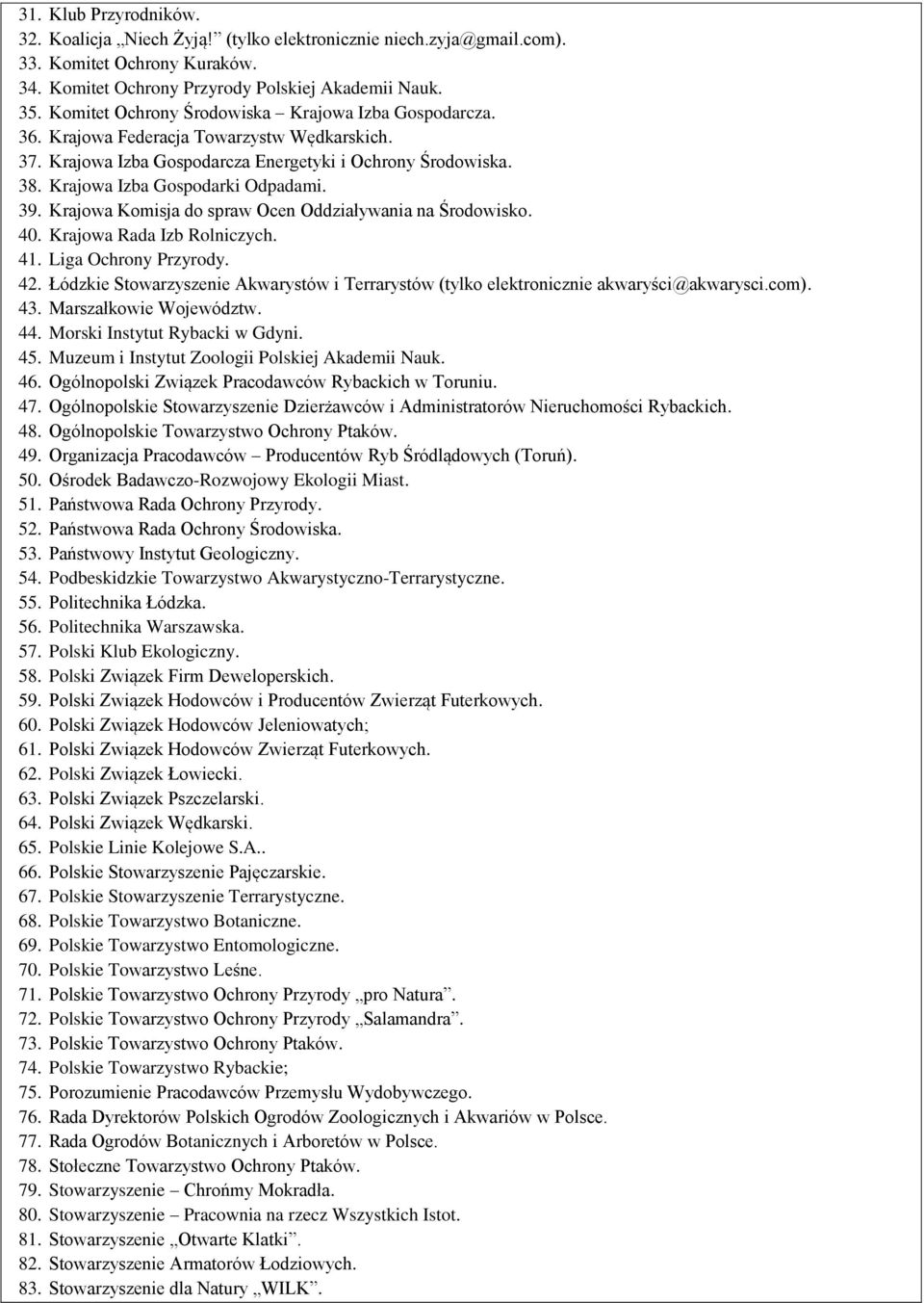 39. Krajowa Komisja do spraw Ocen Oddziaływania na Środowisko. 40. Krajowa Rada Izb Rolniczych. 41. Liga Ochrony Przyrody. 42.
