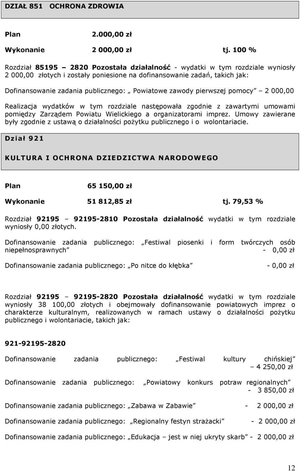 Powiatowe zawody pierwszej pomocy 2 000,00 Realizacja wydatków w tym rozdziale następowała zgodnie z zawartymi umowami pomiędzy Zarządem Powiatu Wielickiego a organizatorami imprez.