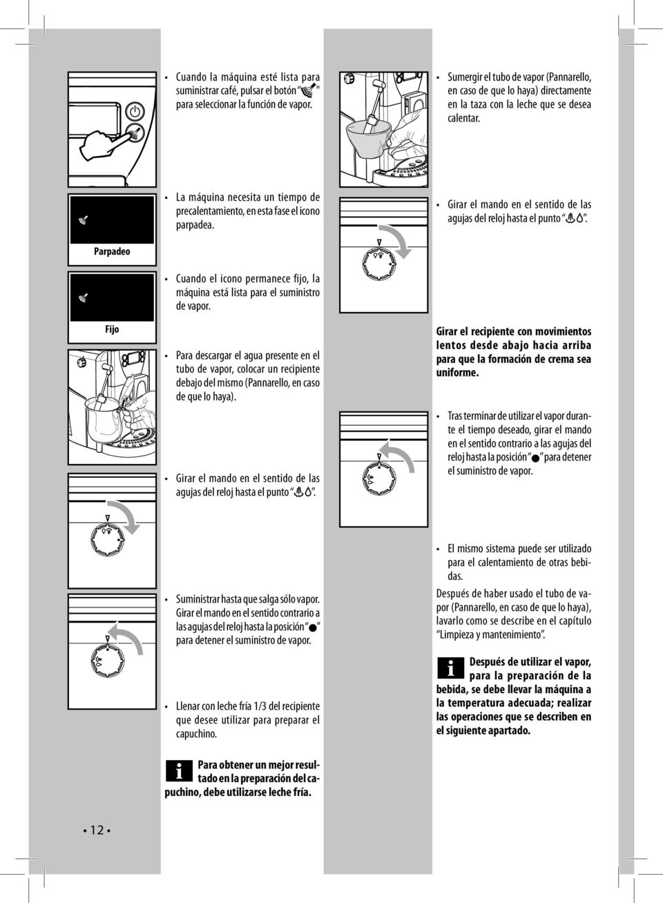 La máquina necesita un tiempo de precalentamiento, en esta fase el icono parpadea. Girar el mando en el sentido de las agujas del reloj hasta el punto.
