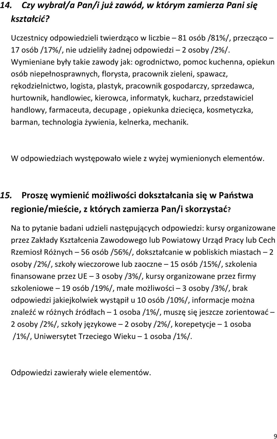 Wymieniane były takie zawody jak: ogrodnictwo, pomoc kuchenna, opiekun osób niepełnosprawnych, florysta, pracownik zieleni, spawacz, rękodzielnictwo, logista, plastyk, pracownik gospodarczy,