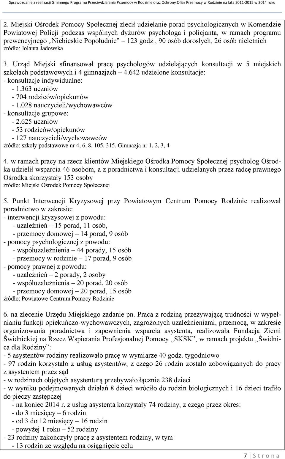 Urząd Miejski sfinansował pracę psychologów udzielających konsultacji w 5 miejskich szkołach podstawowych i 4 gimnazjach 4.642 udzielone konsultacje: - konsultacje indywidualne: - 1.