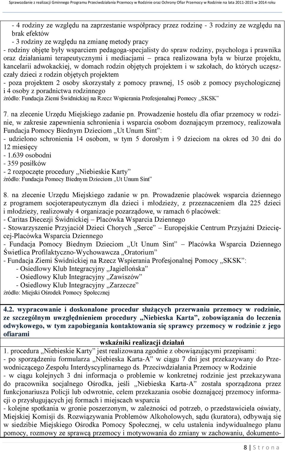 projektem i w szkołach, do których uczęszczały dzieci z rodzin objętych projektem - poza projektem 2 osoby skorzystały z pomocy prawnej, 15 osób z pomocy psychologicznej i 4 osoby z poradnictwa