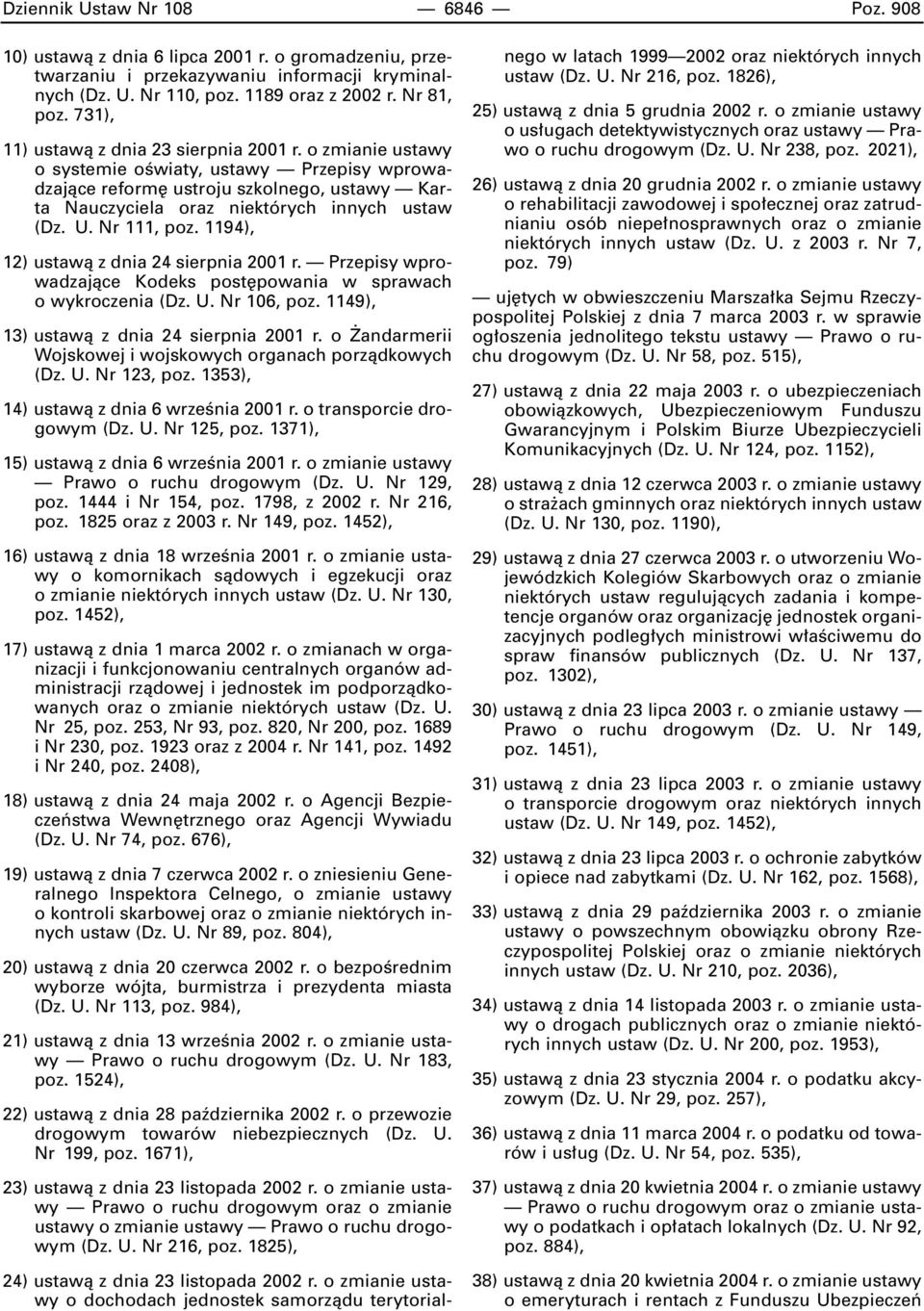 Nr 111, poz. 1194), 12) ustawà z dnia 24 sierpnia 2001 r. Przepisy wprowadzajàce Kodeks post powania w sprawach o wykroczenia (Dz. U. Nr 106, poz. 1149), 13) ustawà z dnia 24 sierpnia 2001 r.