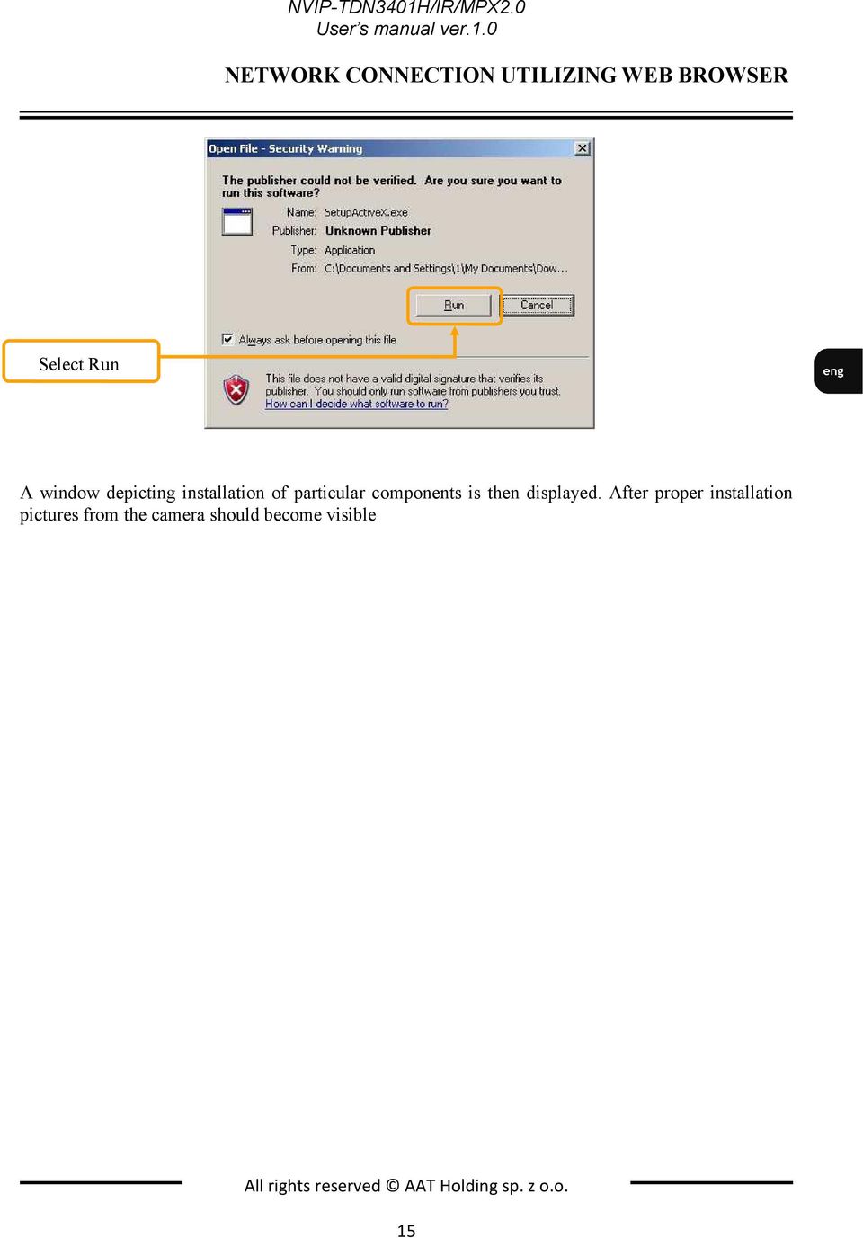 0 NETWORK CONNECTION UTILIZING WEB BROWSER Select Run A window depicting