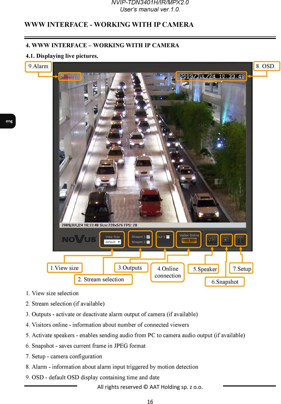 Visitors online - information about number of connected viewers 5. Activate speakers - enables sending audio from PC to camera audio output (if available) 6.