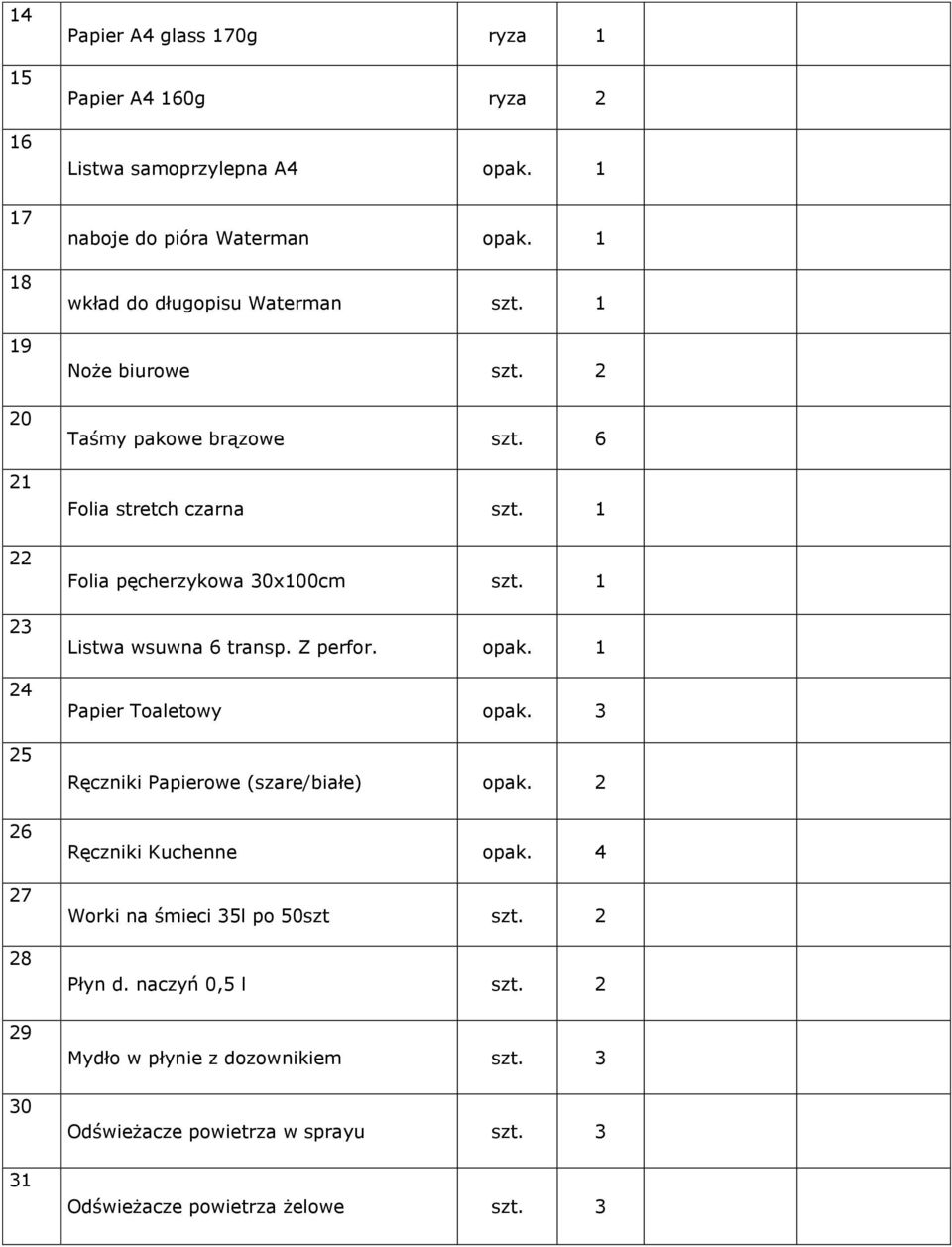 1 Folia pęcherzykowa 30x100cm szt. 1 Listwa wsuwna 6 transp. Z perfor. opak. 1 Papier Toaletowy opak. 3 Ręczniki Papierowe (szare/białe) opak.